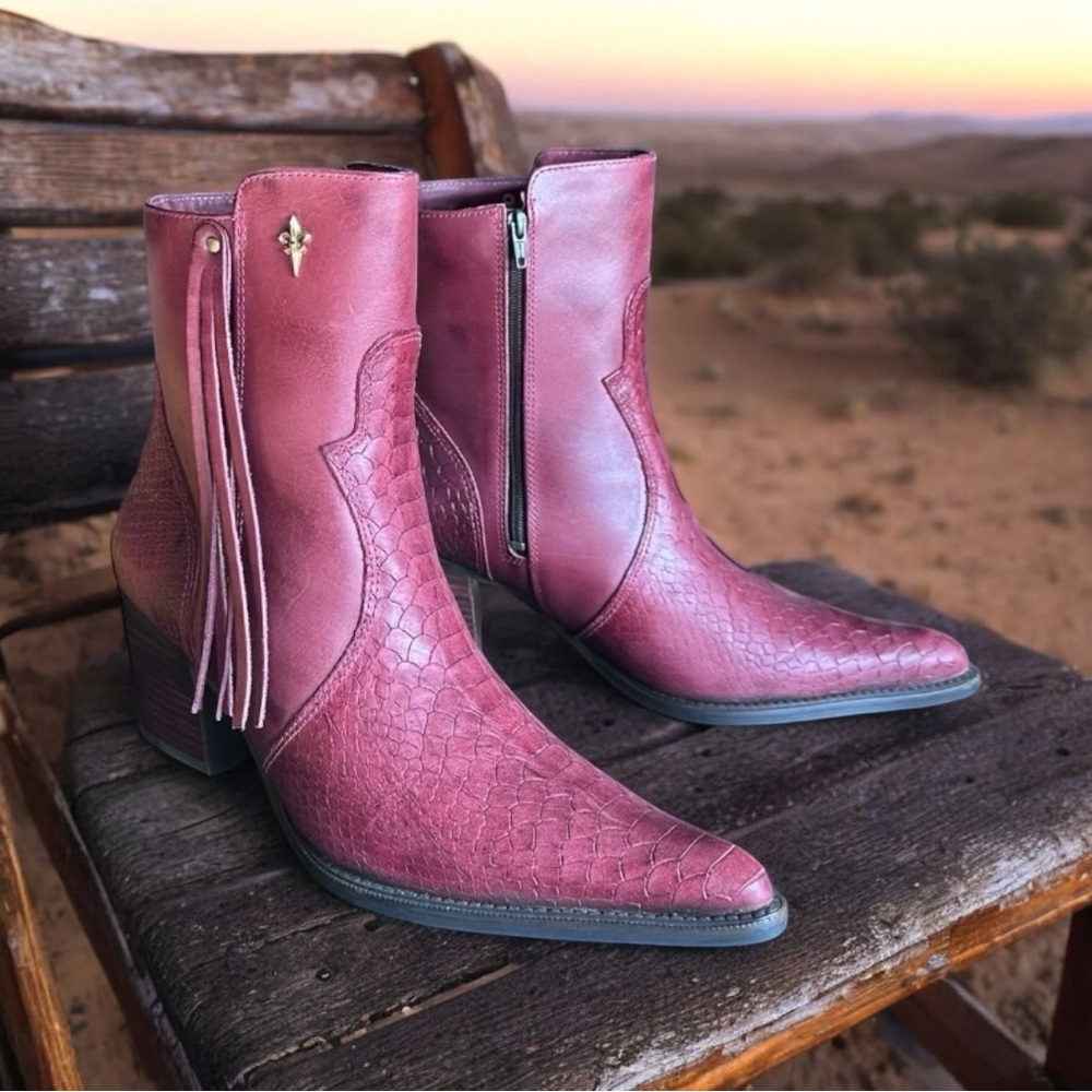 QUT Western Booties for Women Pointed Toe Real Leather Cowgirl Low Ankle Boots